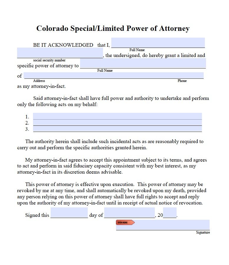 Colorado Limited/Special Power of Attorney Form