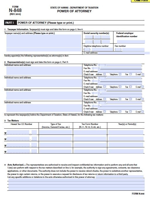 Hawaii Tax POA Form N-848