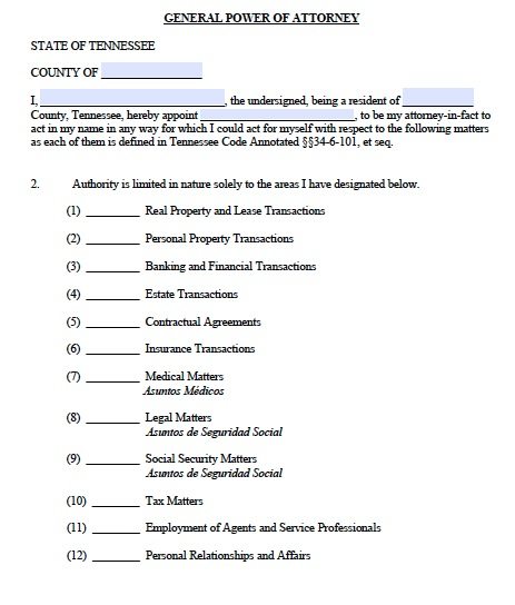 Tennessee General Power of Attorney Form