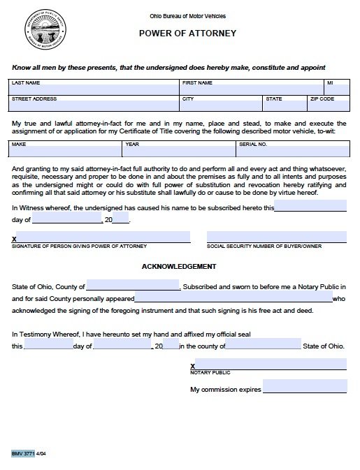 power of attorney form ohio bmv