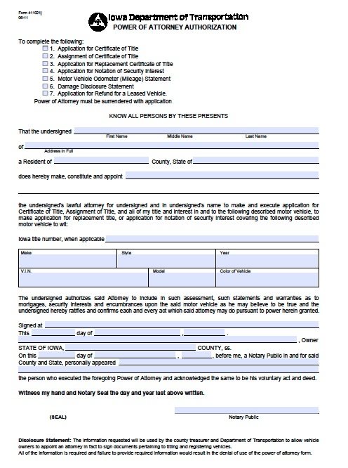 Iowa Department of Transportation Power of Attorney Form