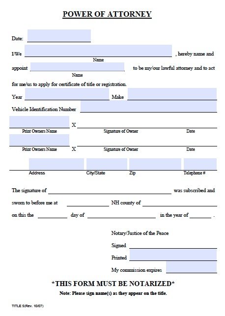 Title 5 - New Hampshire Vehicle Power of Attorney Form