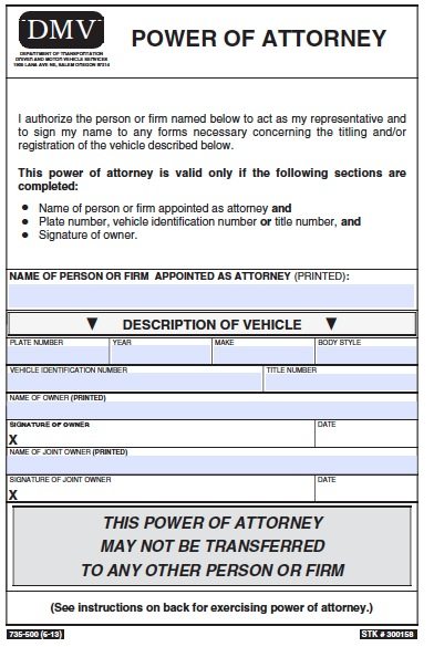 Oregon Motor Vehicle Power of Attorney Form